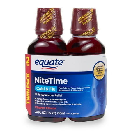 Equate Nitetime Cold & Flu Relief Liquid, Cherry, 12 Oz, 2 Pk