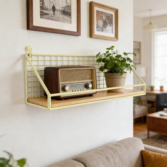 Wall Mounted Storage Shelves, Non-Perforated Hanging Basket Organizer with Iron Mesh and Wooden Plywood, Space-Saving Wall Storage for Bedroom Kitchen and Living Room