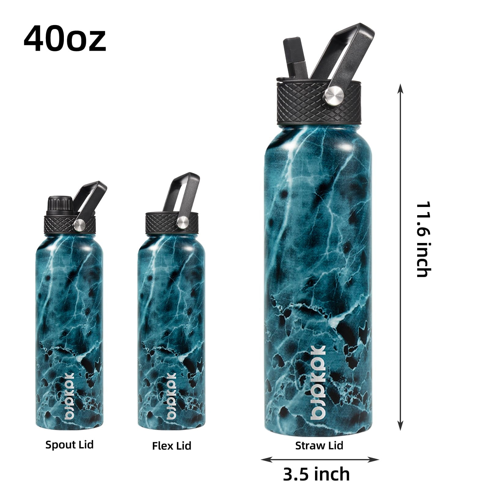 BJPKPK Insulated Water Bottles with Straw Lid, 40oz Stainless Steel Water Bottles with 3 Lids, Large Metal Water Bottle, BPA Free Leakproof Thermos Water Bottle for Sports & Gym- Ocean