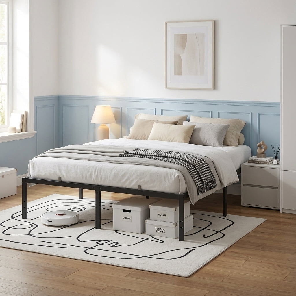 LEDREM King Size Metal Frame, Heavy-Duty Platform Bed with Under-Bed Storage, Easy Assembly for Bedroom, Black