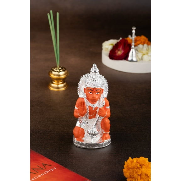 Kneeling Hanuman Idol in Orange & Silver - 5 Inches