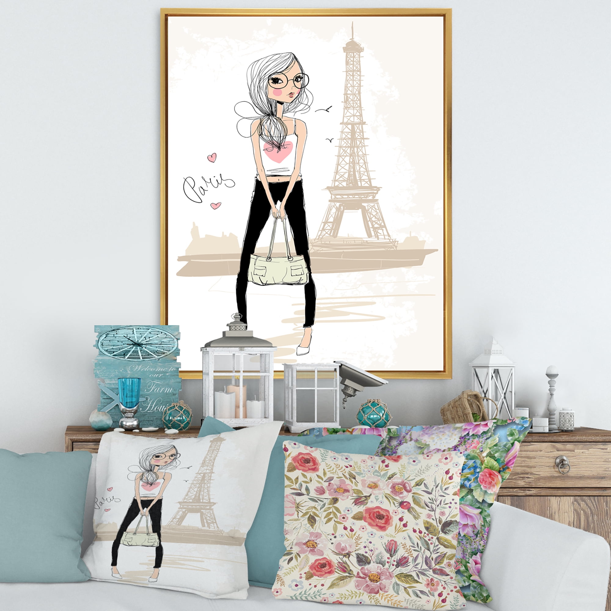 Cute Girl By The Tour Paris Eiffel Tower 12 in x 20 in Framed Painting Canvas Art Print, by Designart