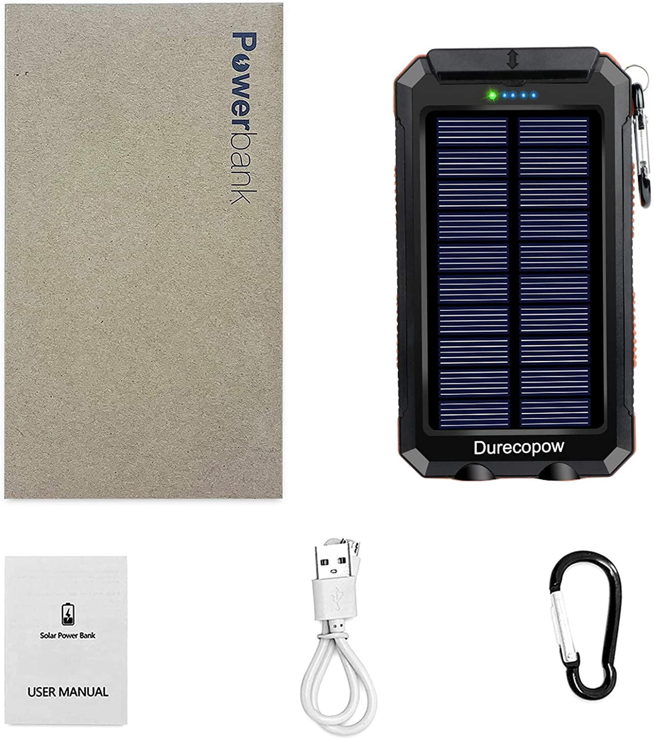 Durecopow 20000mAh Portable Outdoor Waterproof Solar Power Bank Camping External Backup Battery Pack Dual 5V USB Ports Output Blue Solar Charger 2 Led Light Flashlight with Compass 