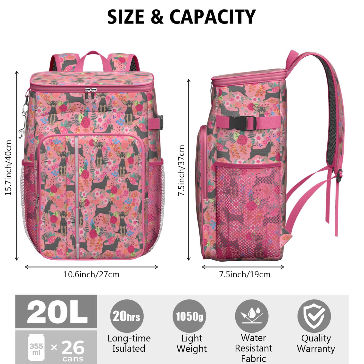 Travel Cooler Bag - Chihuahua and Flower Florals Camping Beer Cooler Backpack with Bottle Opener- Waterproof Insulated Picnic Backpacks - Cooler Bag for Beach