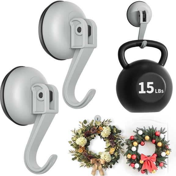 Ofiray-home Wreath Hangers, 2 Pack Heavy Duty Wreath Hangers for Front Doors/Windows/Over Door, No Drill & Reusable Suction Cup Hooks for Bedroom, RV, Bathroom and Home Storage Hooks(Gray)