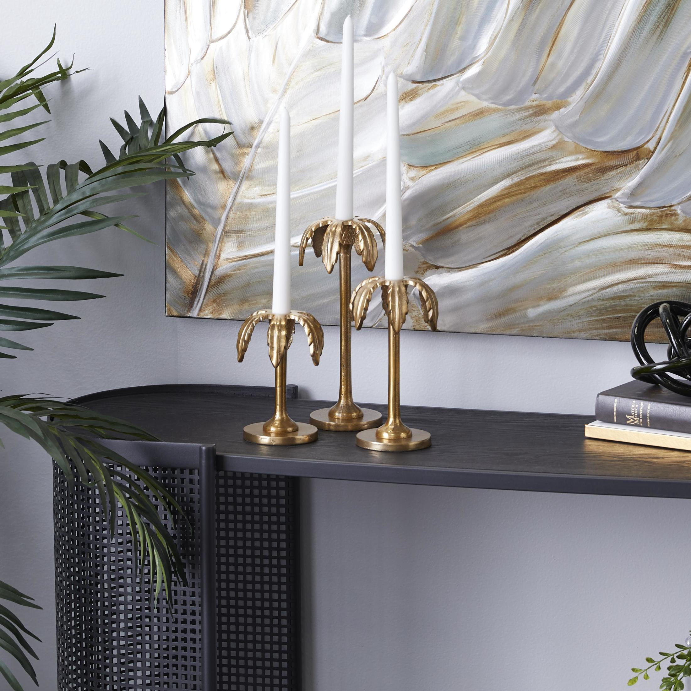 DecMode 3 Candle Gold Aluminum Metal Palm Tree Candle Holder, Set of 3
