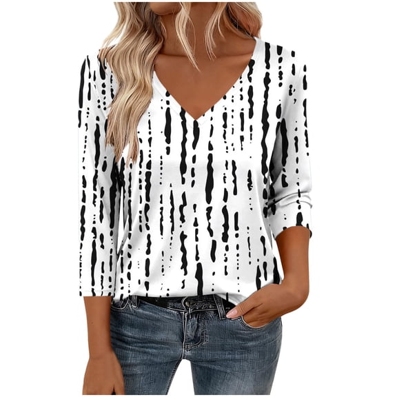 FNFYFH Women Tops 3/4 Sleeve Dressy Casual Blouse V Neck Summer T-Shirt Loose Fit Tunic Top