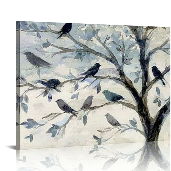 Patifu Blue Birds on Tree Branch Wall Art Vintage Artwork  Giclee Canvas Prints Animal Wall Decor Painting for Living Room Bedroom Stretched Ready to Hang  20x16in