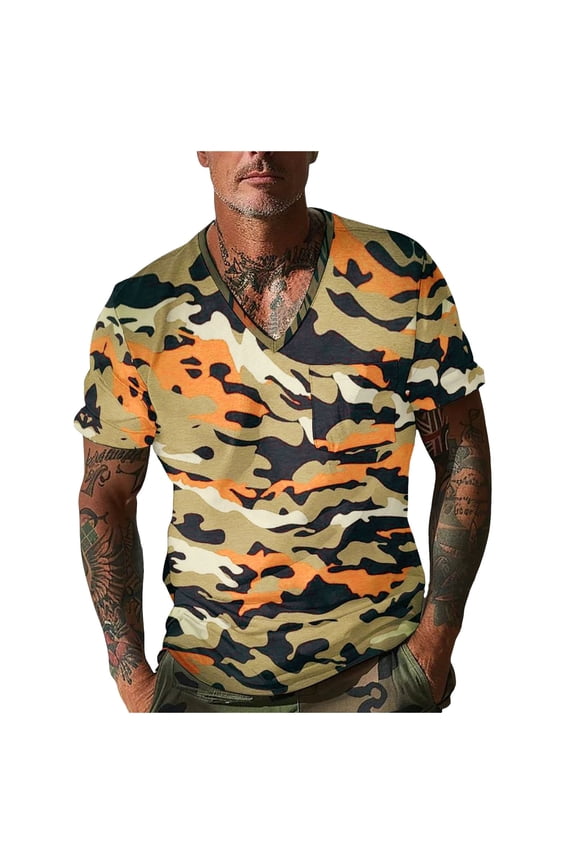 Camo Shirts For Men Camouflage Short Sleeve T Shirt With Pocket Summer Casual V Neck Base Layer Tee Shirts Casual Daily Wear Leisure Tops