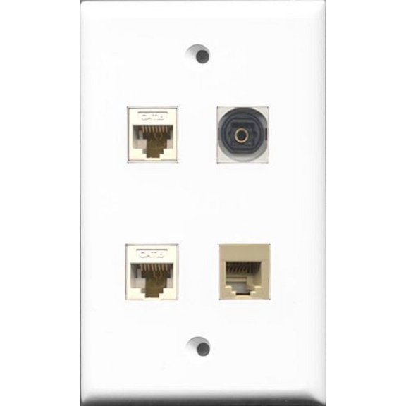 RiteAV 1 Port Phone RJ11 RJ12 Beige and 1 Port Toslink 2 Port Cat6 Ethernet White Wall Plate
