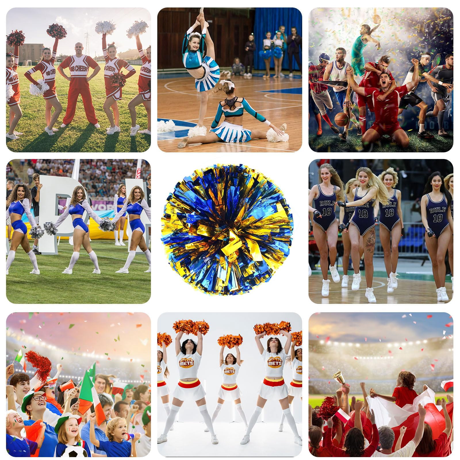 Cheerleading Pom Poms 24 Pcs with Straight Handle, Handheld Squad Pompoms for Sports Team Cheer Spirit Games, Dance Party Adults