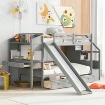 Euroco Wood Twin over Twin Bunk Bed with Desk and Slide, Drawers Bookcase and Storage Staircase for Kids Teens, Gray