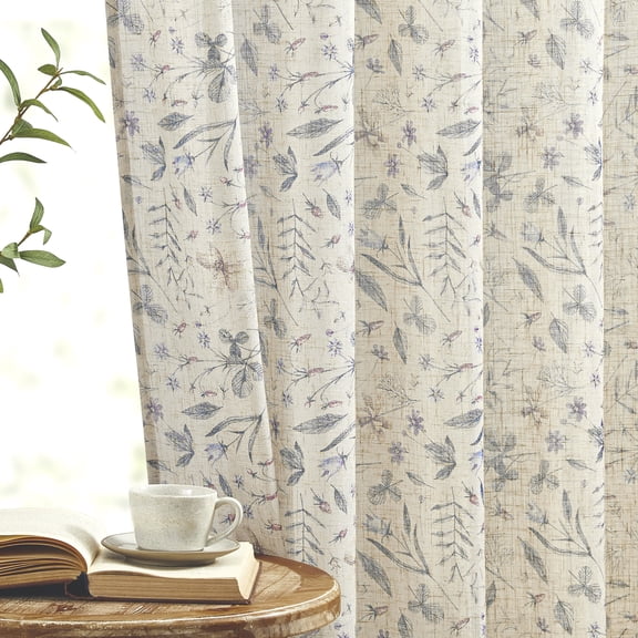 MUMO  Farmhouse Floral Linen  Curtains, Light Filtering Linen Blend Bohemian for Bedroom Living Room,2 Panels,54" x 63"