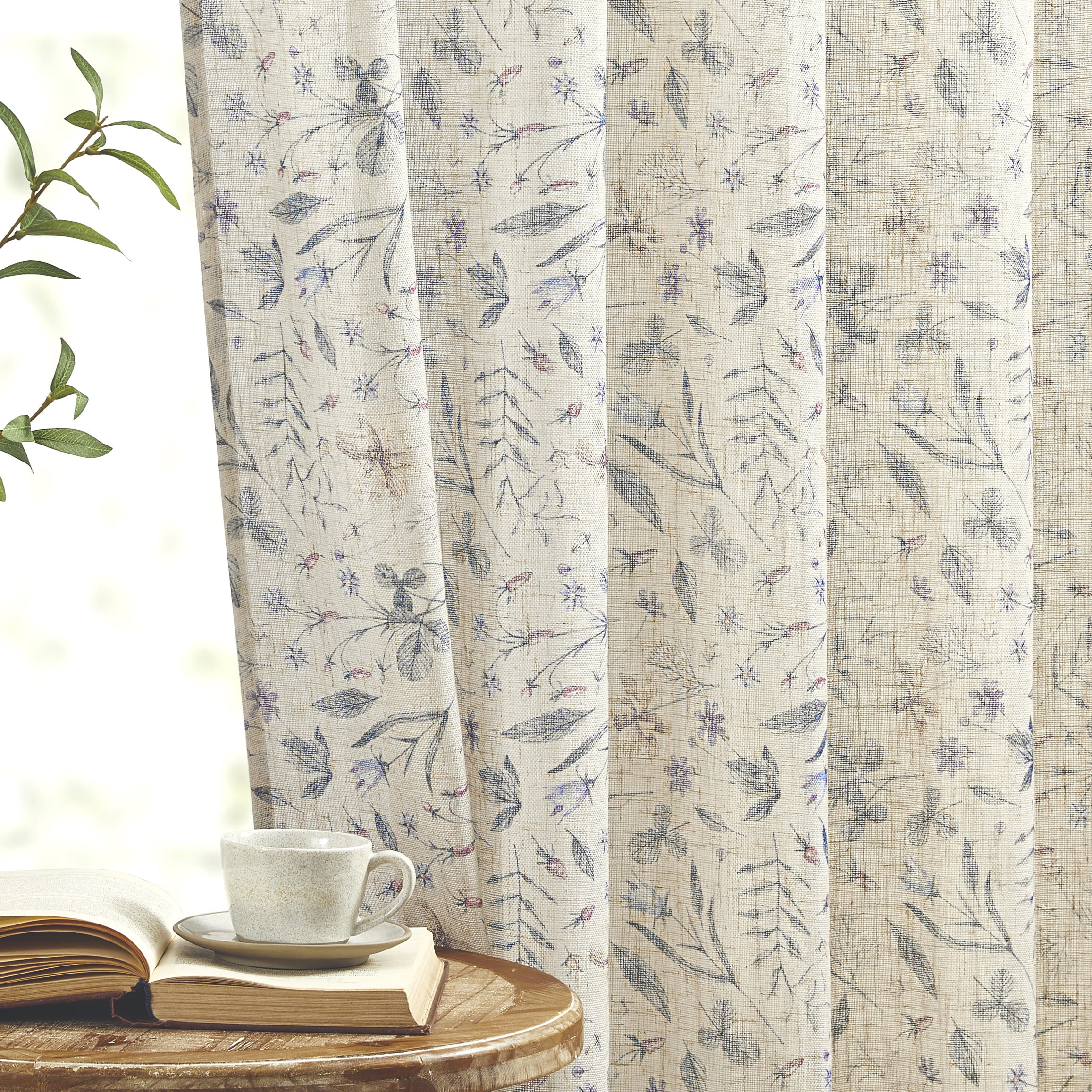 MUMO Farmhouse Floral Linen Curtains, Light Filtering Linen Blend Bohemian for Bedroom Living Room,2 Panels,54" x 63"
