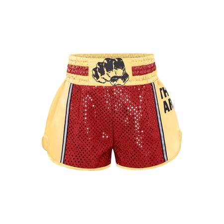 Hansber Boys Muay Thai Fight Shorts Sequins MMA Kickboxing Grappling Training Bottoms Combat Sport Shorts Red 8