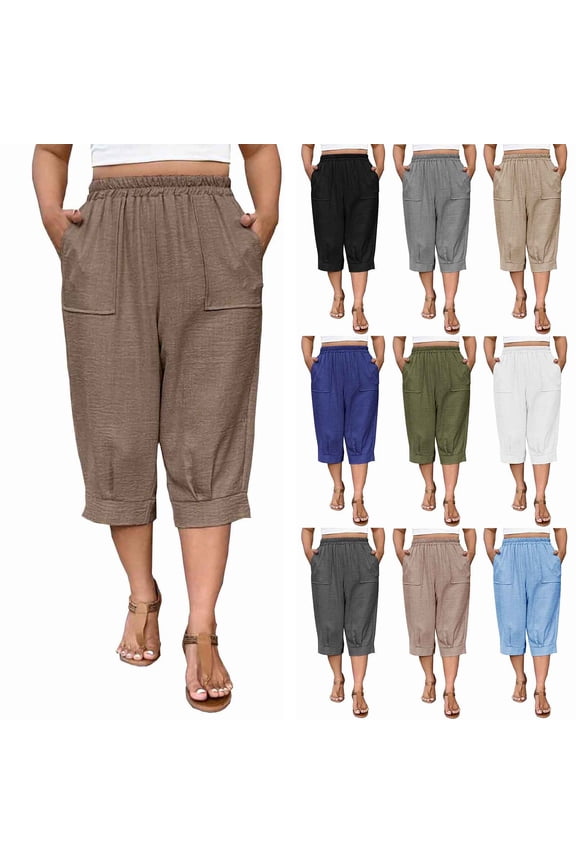 Womens Summer Capri Barrel Pants Baggy High Elastic Waisted Capris Pants Lightweight Open Buttom Lounge Pants Comfy Soft Calf Length Trousers with Pockets