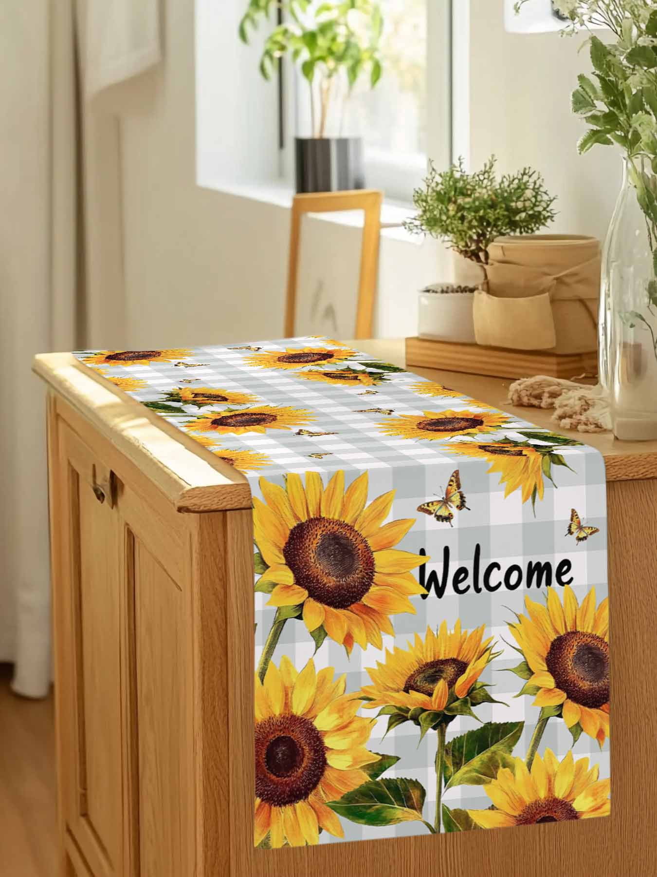 Spring Gradient Yellow Sunflower Table Runner 90 Inches Long, Farm Butterfly on Grey Plaid Table Runners Tabletop Scarf Kitchen Dining Tables Decoration for Home Party Indoor Outdoor