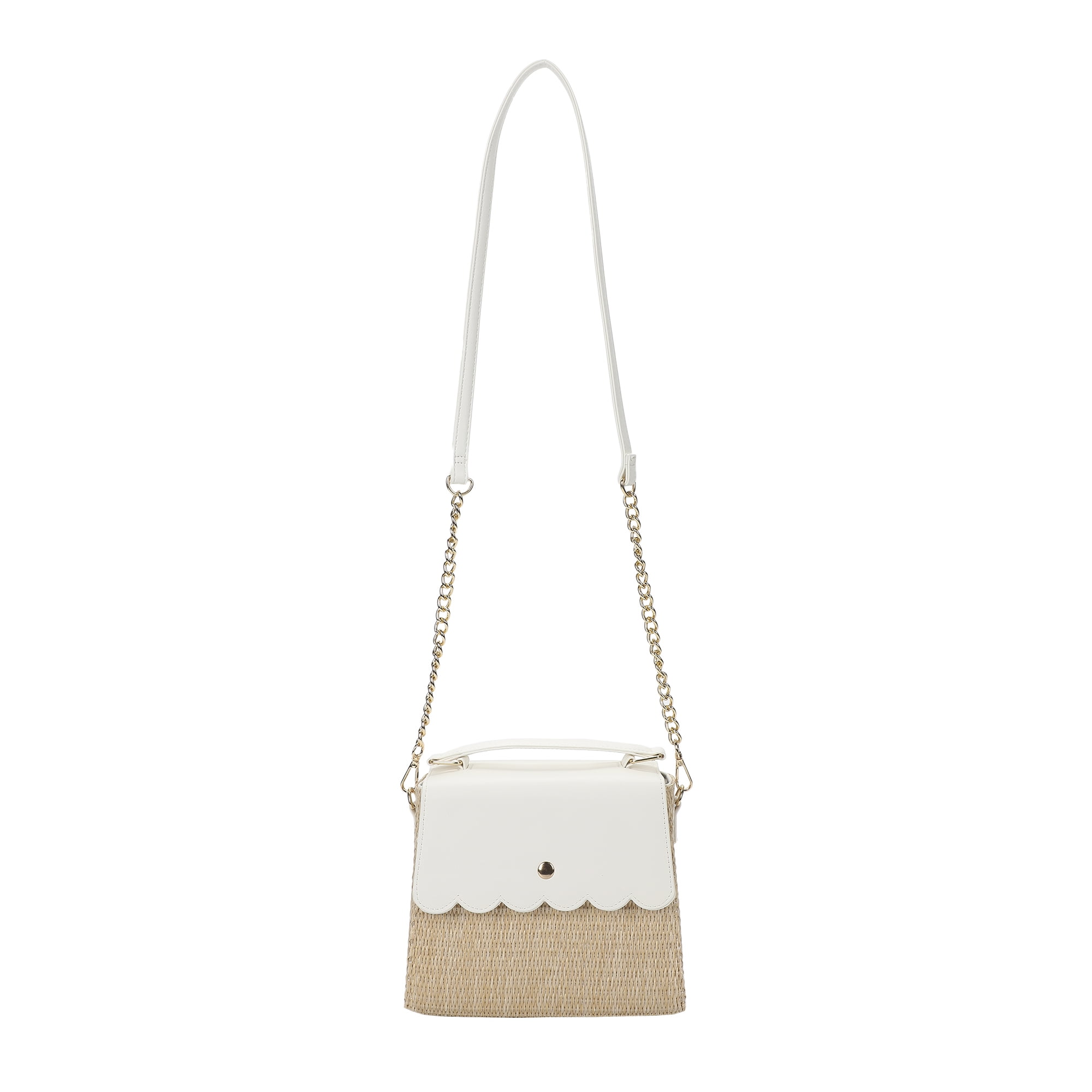 Packed Party Women's Woven Straw Crossbody Bag with Faux Leather Scallop and Chain Strap, White