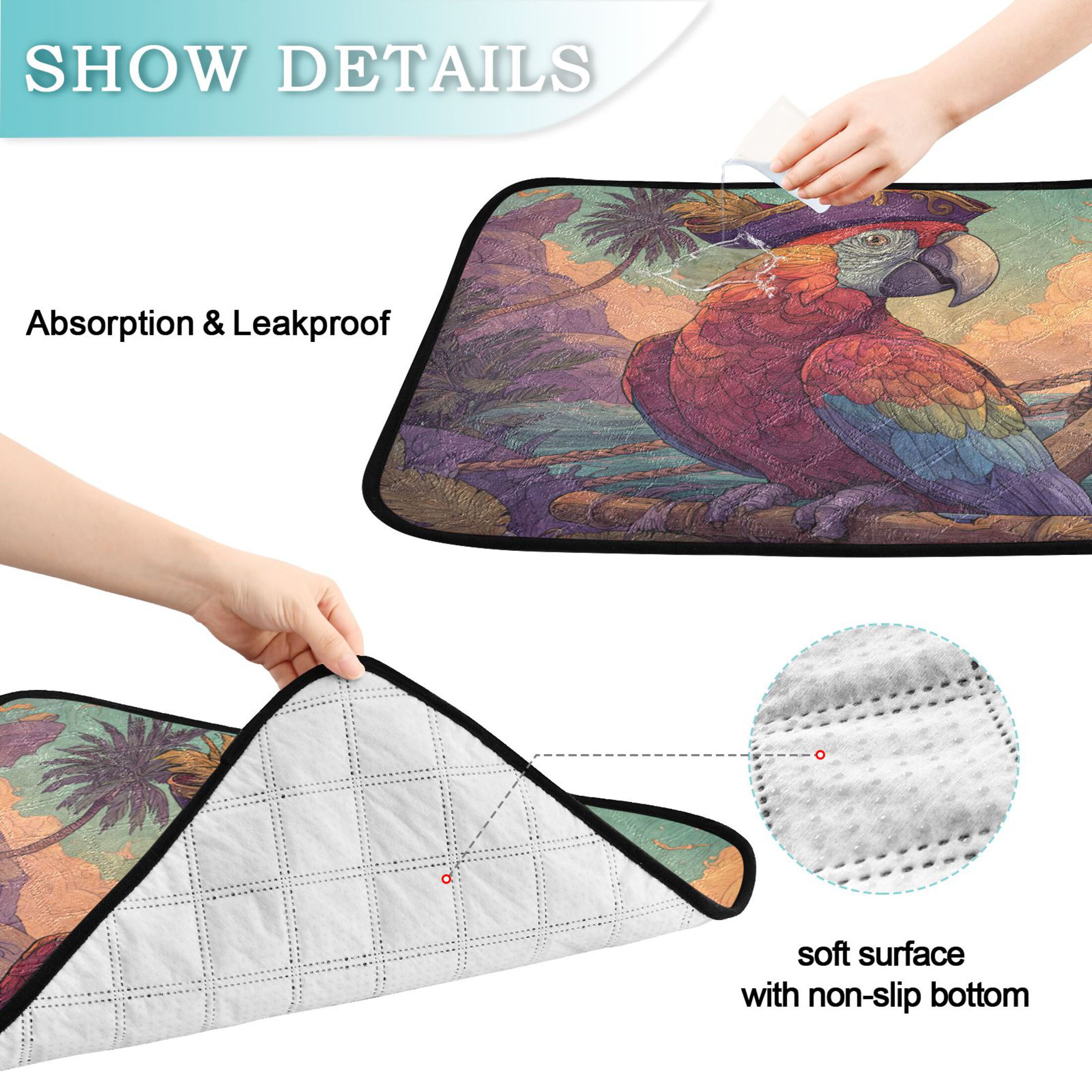 Qxltty Pirate Parrot Cat litter Pads Pet Set of 3 Diaper Mats Center Anti-leakage Layer Absorbent Soft and Comfortable
