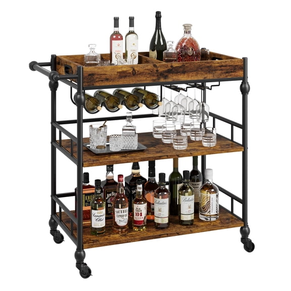 Bar Cart for The Home, Rolling Home Bar Serving Cart on Wheels, 3 Tier Liquor Beverage Carts with Wine Rack and Glass Holder for Kitchen, Living Room, Dining Room