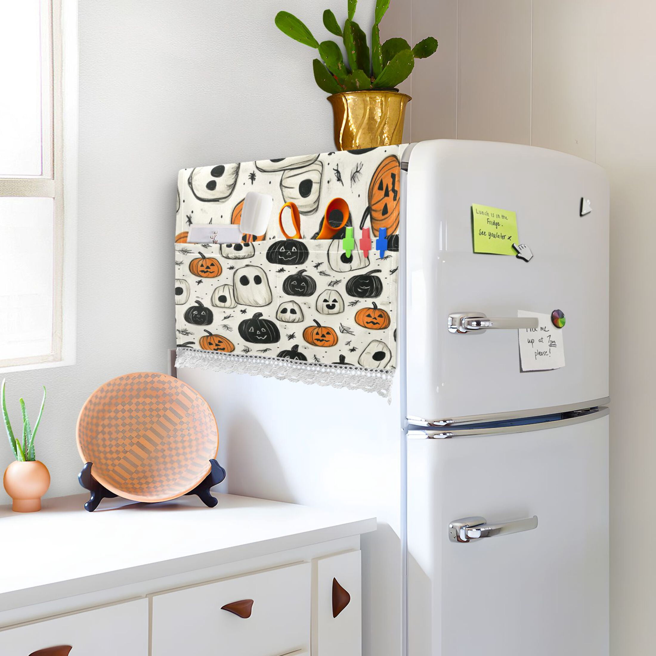 Ghosts and PumpkinsWasher and Dryer Covers Dust-Proof and Oil Resistant Fridge Cover with 4 Storage Pockets Washing Machine Top Cover for Laundry Kitchen Home 51.2 x 22 In