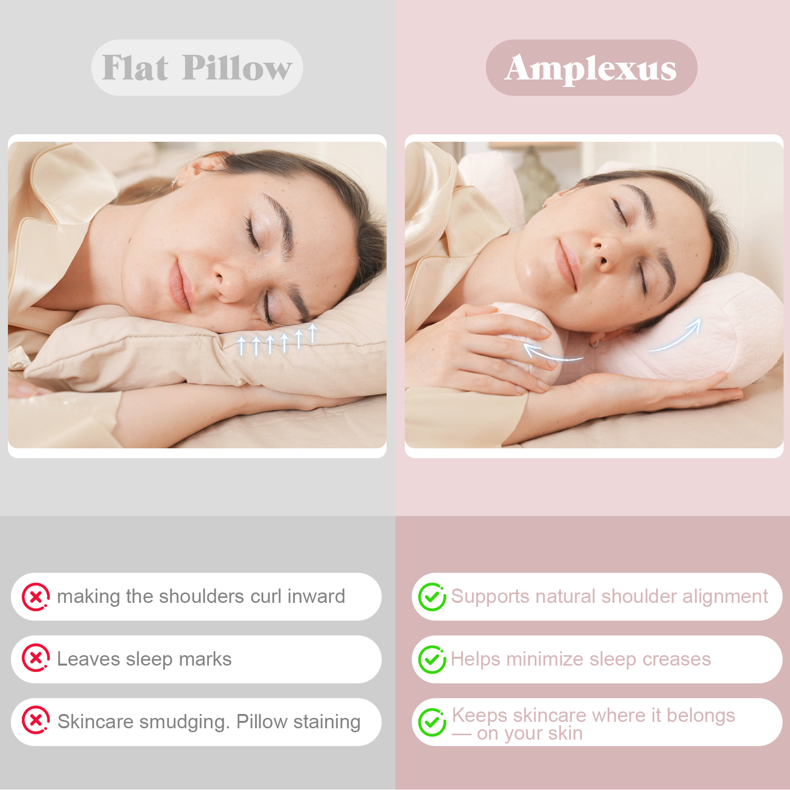 RoamReady Anti Wrinkle Anti-Aging Side Sleeper Pillow, Soft Neck Support Pain Relief Sleep Aid Beauty Pillow, Adult Pink