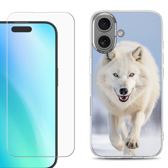 For iPhone 16 Phone Case Cover, Shockproof Case with Tempered Glass Screen Protector, by OneToughShield - Arctic Wolf