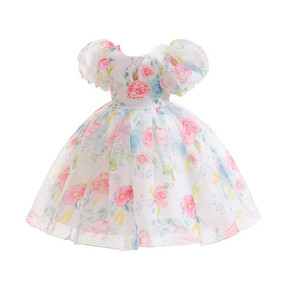 Flower Girls Puff Sleeve Dress Easter Christmas Wedding Pageant Party Floral Formal Dresses Party Ball Gown