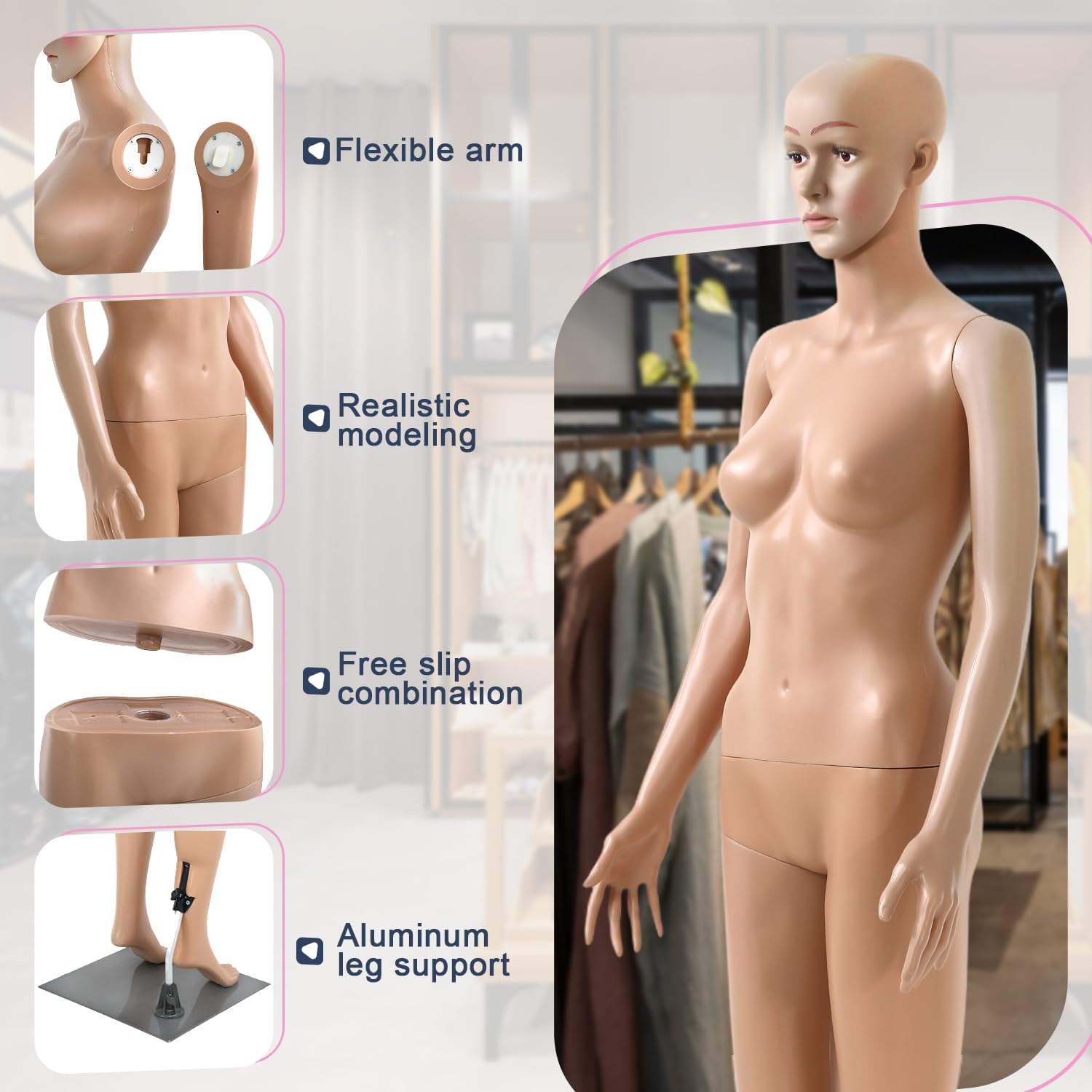 Dkelincs Female Mannequin Torso 69" Full Body Realistic Manikin Adjustable Sewing Dress Form Model Display with Metal Base