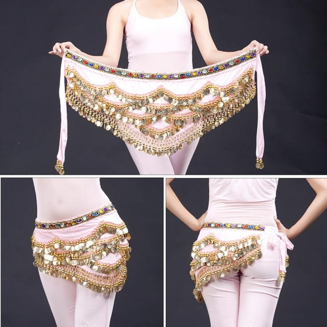 cruzada de la bufanda de la cadera del triángulo de la danza del vientre de la moneda que cuelga del del estilo de la moda Rosado Macarena Bufanda de la cadera de la danza del vientre de las mujeres