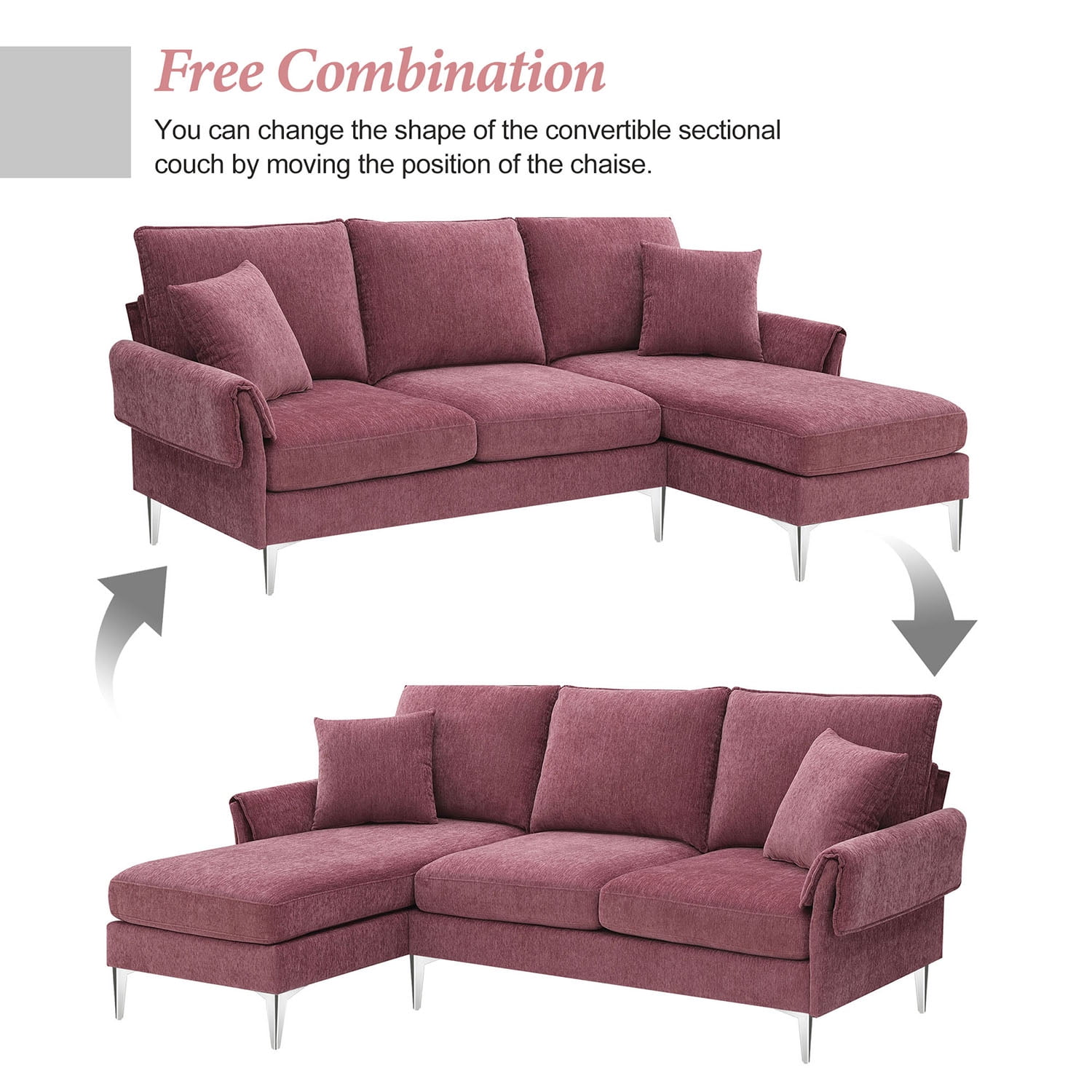 Kadyn 84 " Convertible Sectional Sofa, Modern Chenille L-Shaped Sofa Couch with Reversible Chaise Lounge and Pillows , Fabric Sofa for Living Room, Pink