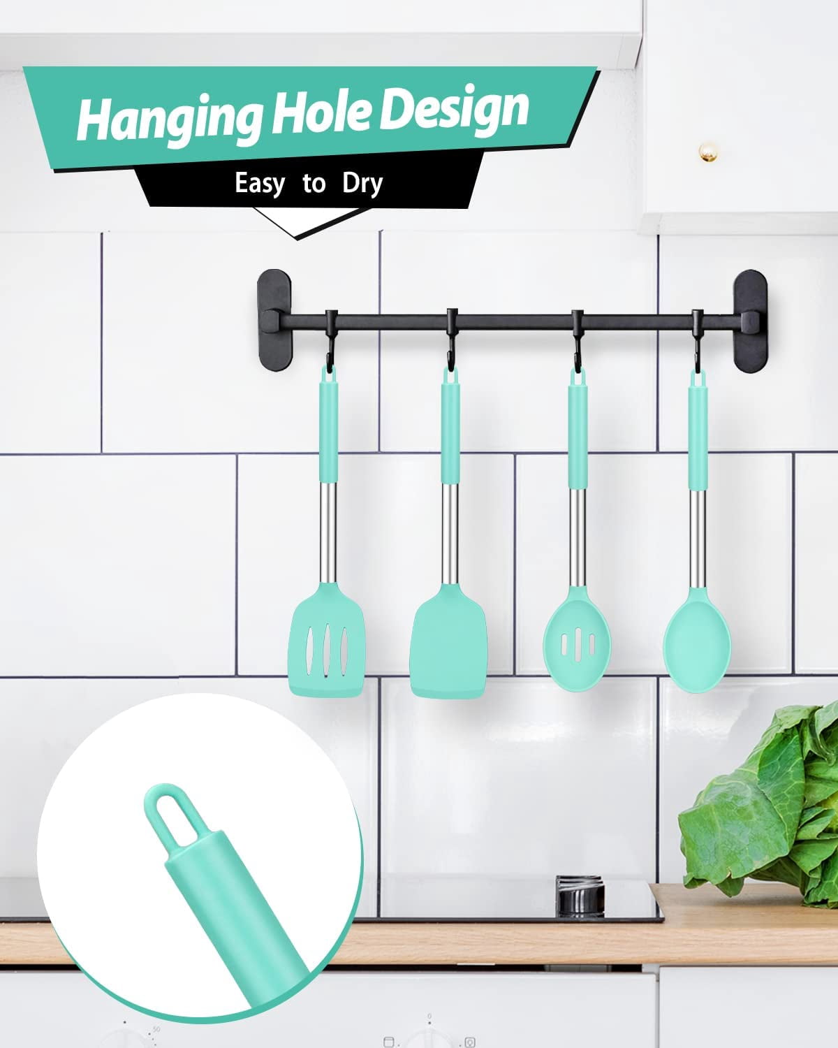 Bundlepro 4 Pack Silicone Home Kitchen Cooking Utensils Set, Solid Slotted Spatulas Spoons, Green