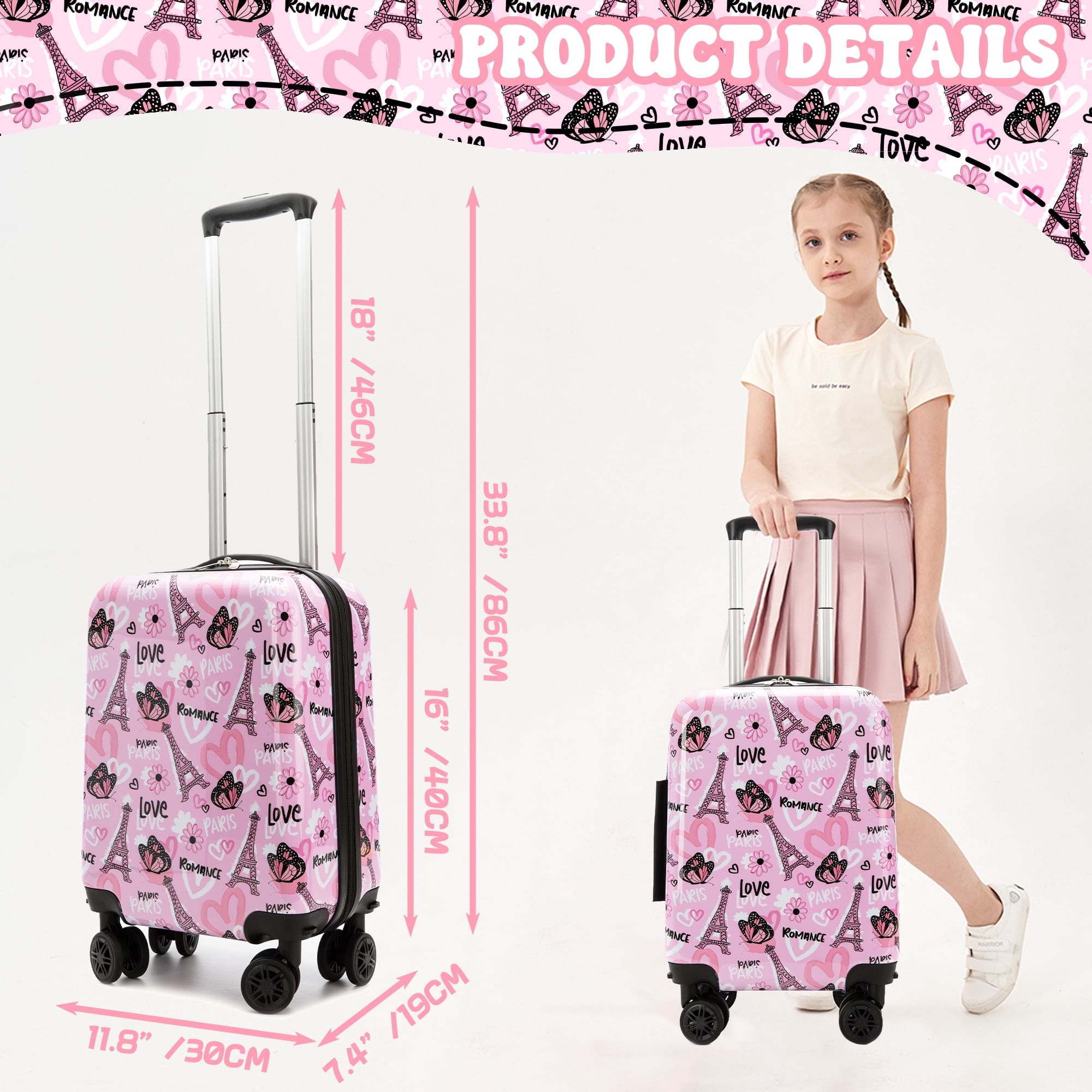 Cute Kids Luggage Sets with Neck Pillow Airplane Small Hardshell Suitcases for Girls with Wheels Pink Suitcase Toddler Travel Essential
