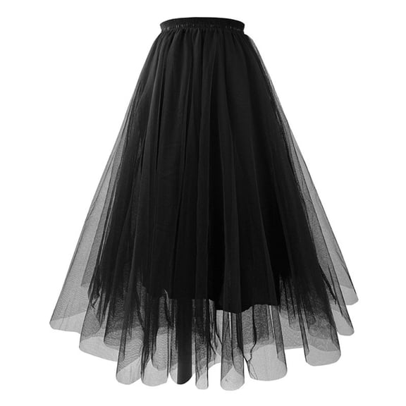 Women's Tulle Skirts Midi Elastic High Waist Pleated Mesh Flowy A-Line Party Long Skirts Black L
