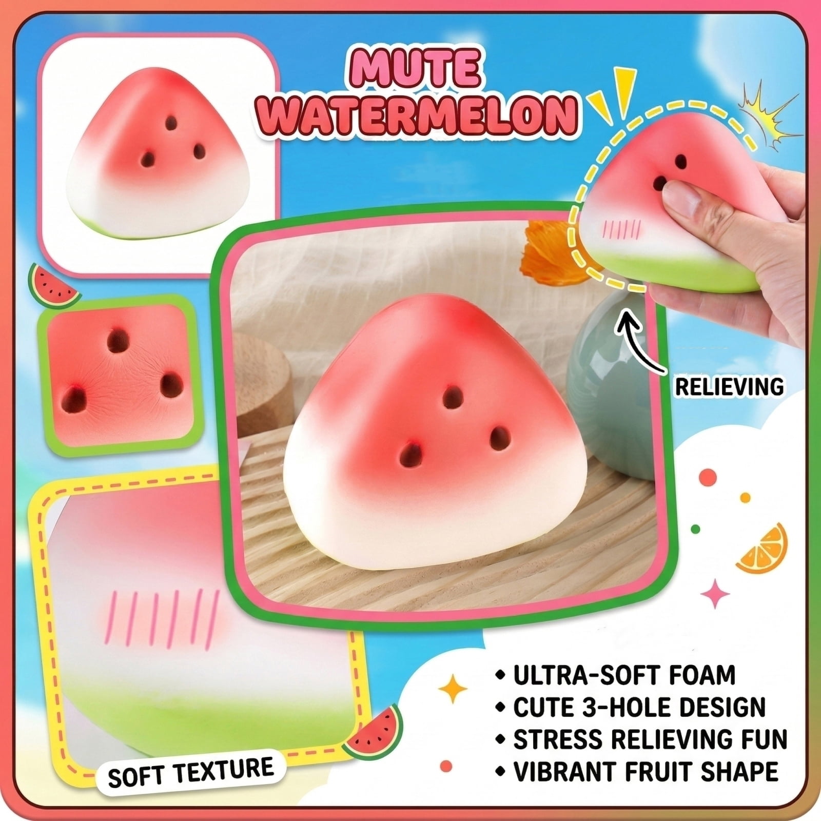 Cute Watermelon Squishy Stress Ball, Slow Rising Soft Scented Design, Decorative Fruit Ornament for Indoor Desk Display