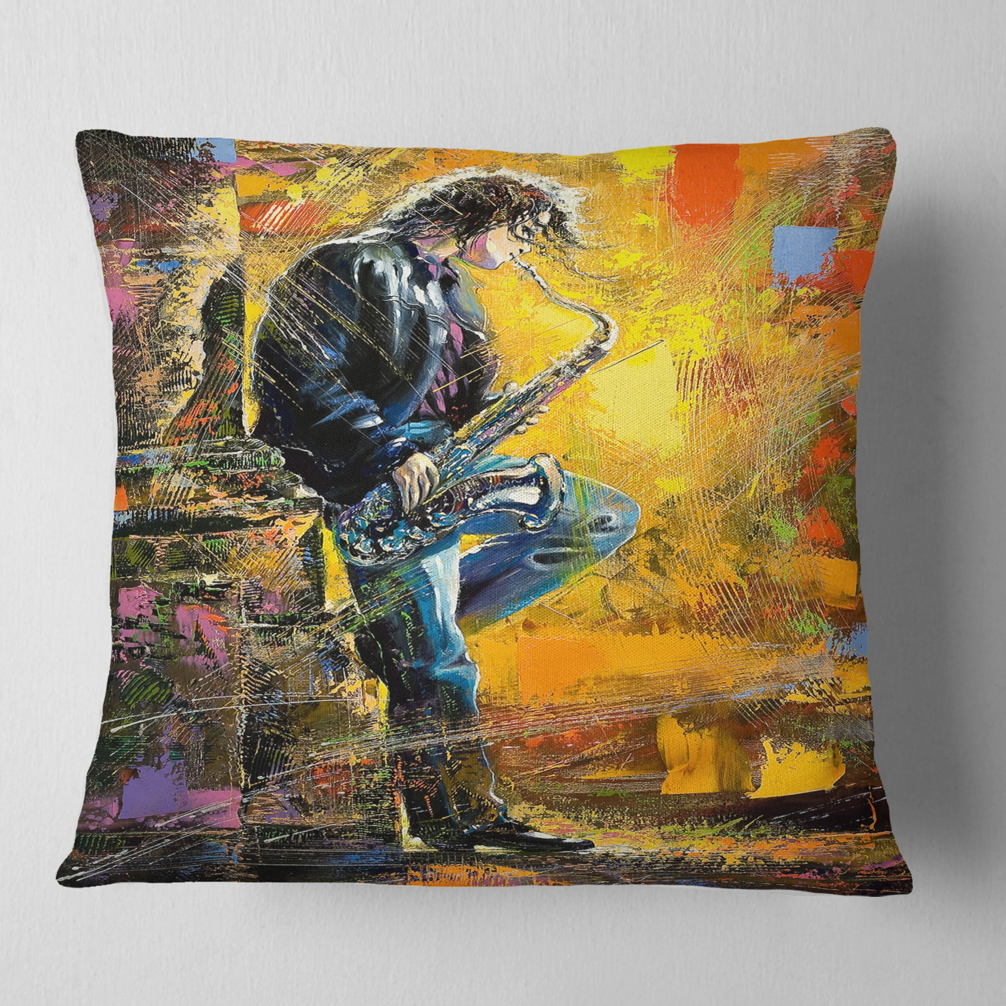 Designart Man with Saxophone - Contemporary Throw Pillow - 18x18