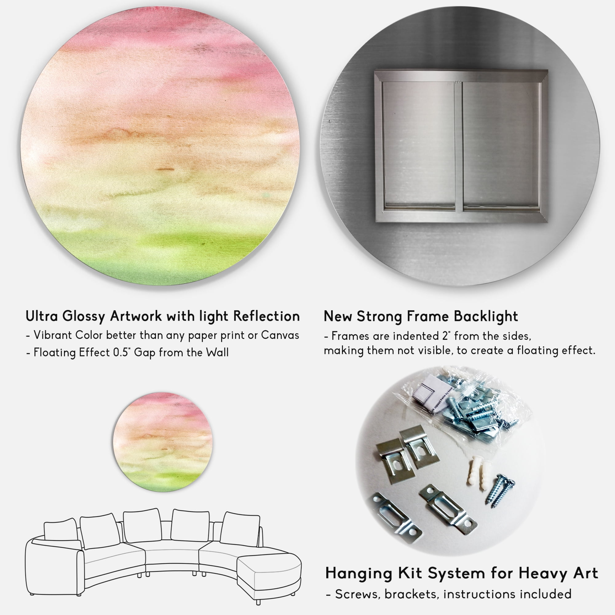 Designart 'Abstract Sunset With Pink Green and Beige' Modern Circle Metal Wall Art 11x11 - Disc of 11