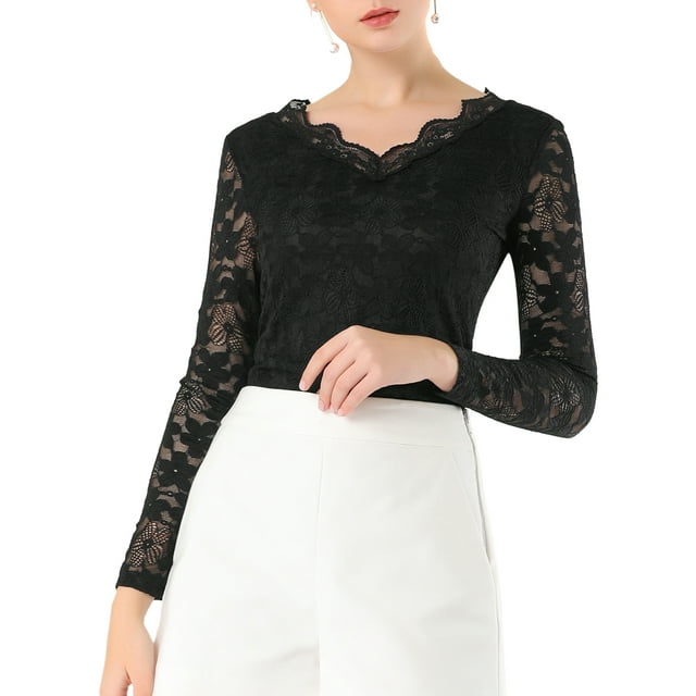 INSPIRE CHIC Haut en Dentelle Florale pour Femme, Col en V, Manches Longues, Blouse à Bordure Festonnée en Dentelle