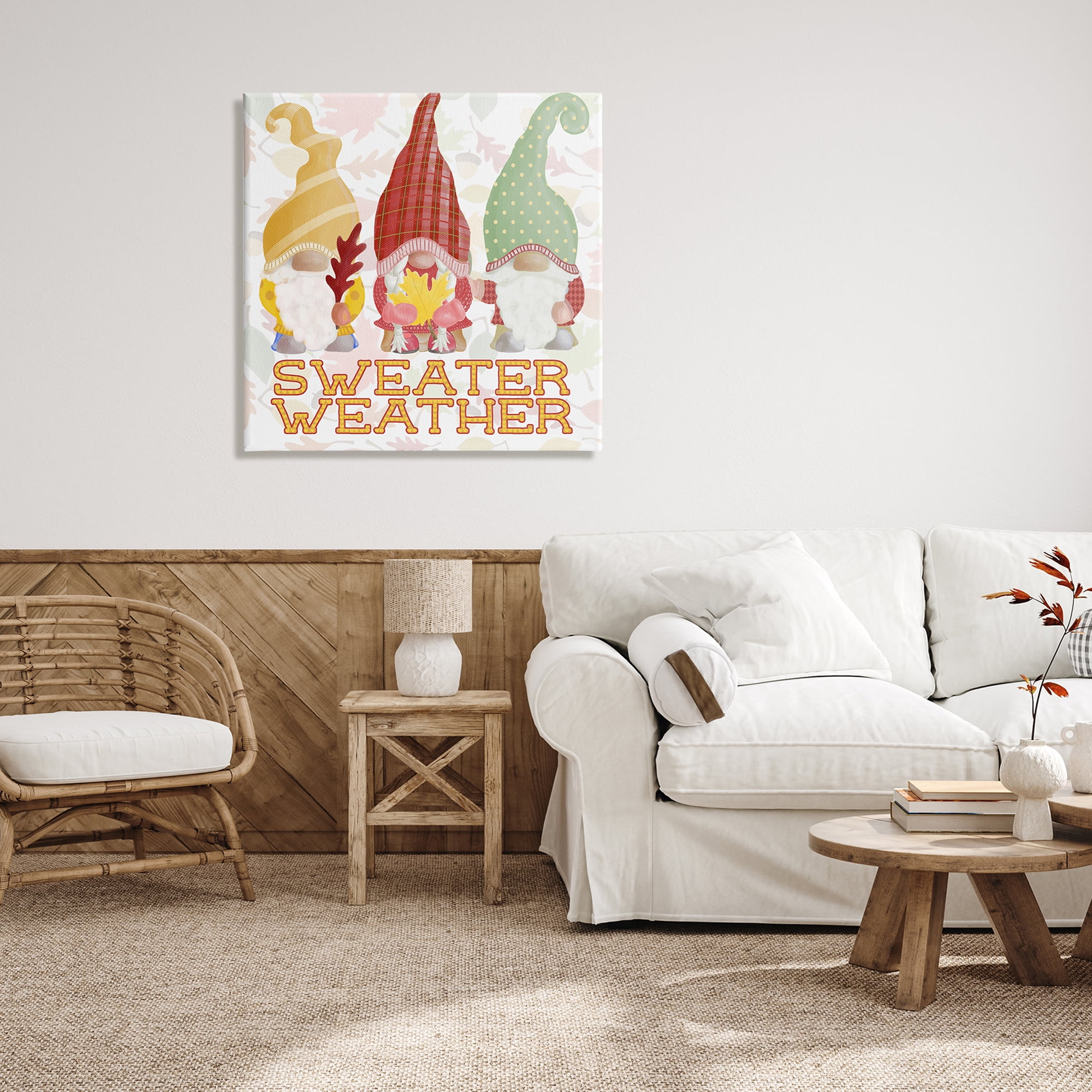 Sweater Weather Warmly Dressed Gnomes Leaf Pattern Inspirational Graphic Art Gallery-Wrapped Canvas Print Wall Art