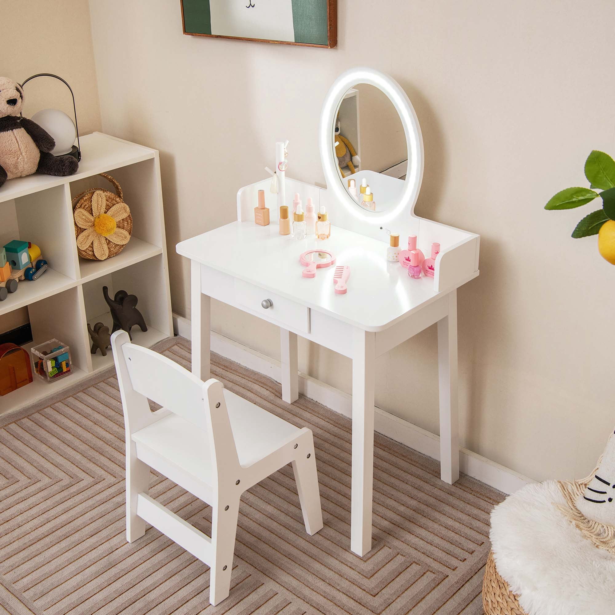 Costway Kids Vanity Set with Lighted Mirror Chair 2-Color LED Lighting for Girls Makeup White
