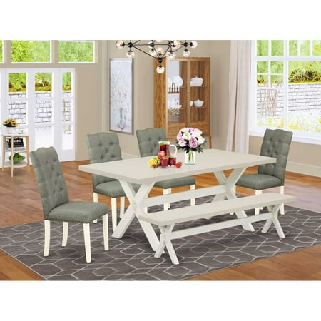 East West Furniture 6-Pc Dinette Table Set-Smoke Color Linen Fabric Seat and Button Tufted Chair Back Dining chairs a Rectangular Bench and Rectangular Top Modern Dining Table with Wood Legs – Linen