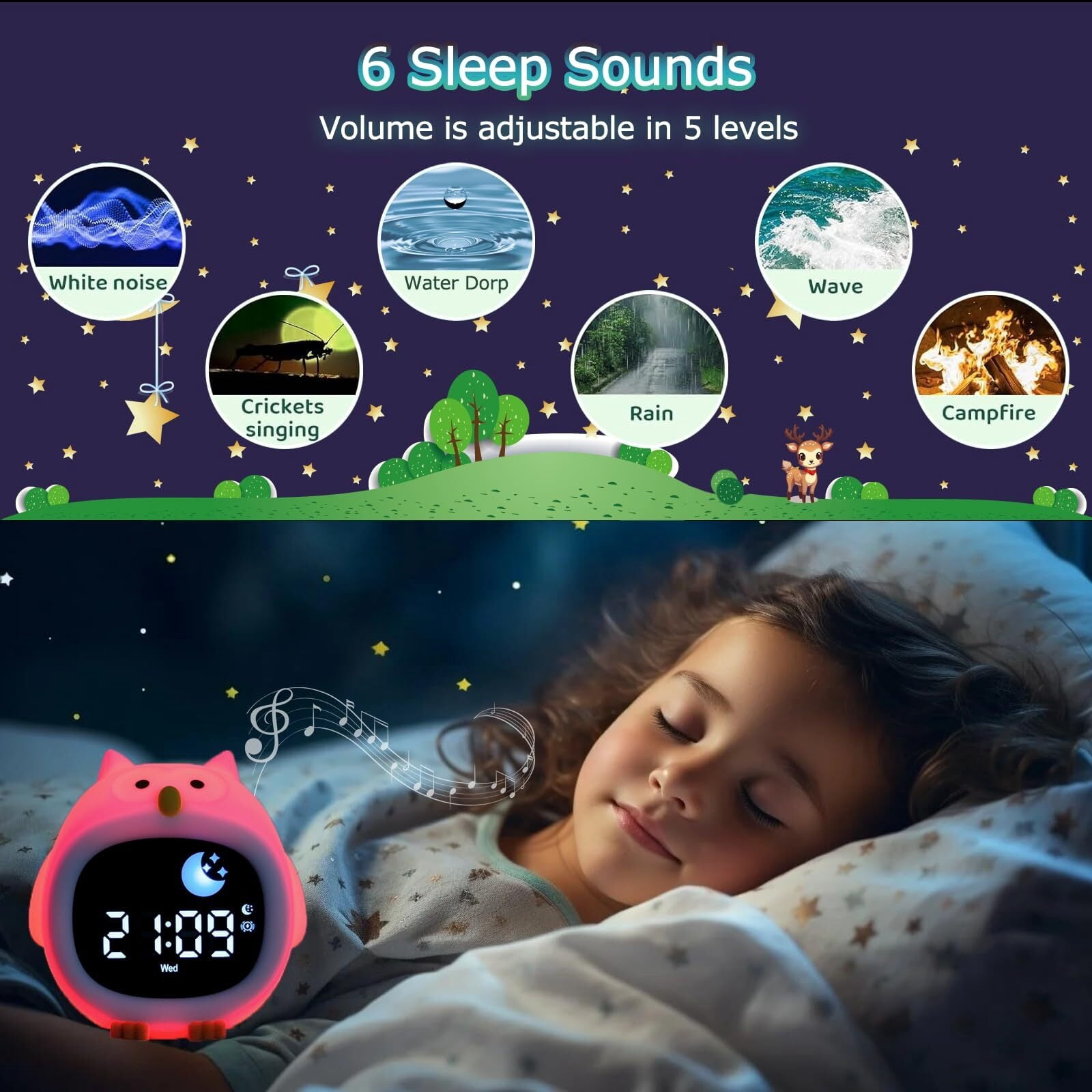 Alarm Clock with Sound Machine for Kids, 6 White Noises and 9 Colors Night Light, Ok to Wake Clock, Include 1800mAh Battery for Portability and Memory Function, for Kids