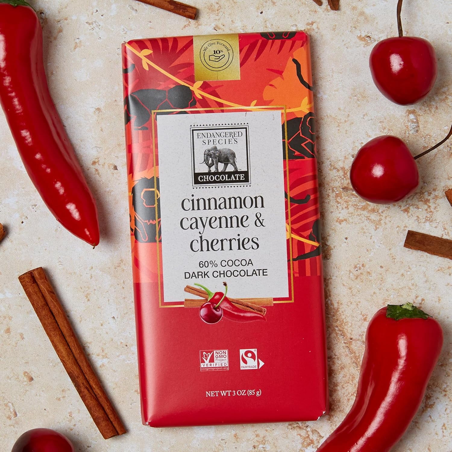 Endangered Species Natural 60% Dark Chocolate Bar Cinnamon Cayenne & Cherries 3 oz Pack of 4