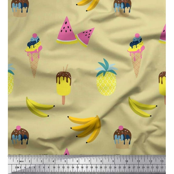 Soimoi Polyester Crepe Fabric Fruits,Cupcake & Ice Cream Food Printed Craft Fabric by The Yard 42 Inch Wide