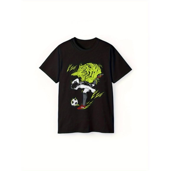 T-shirt Graphique pour Homme Captain Tsubasa Anime Kojiro Hyuga Noir Soccer Manga avec Tigre