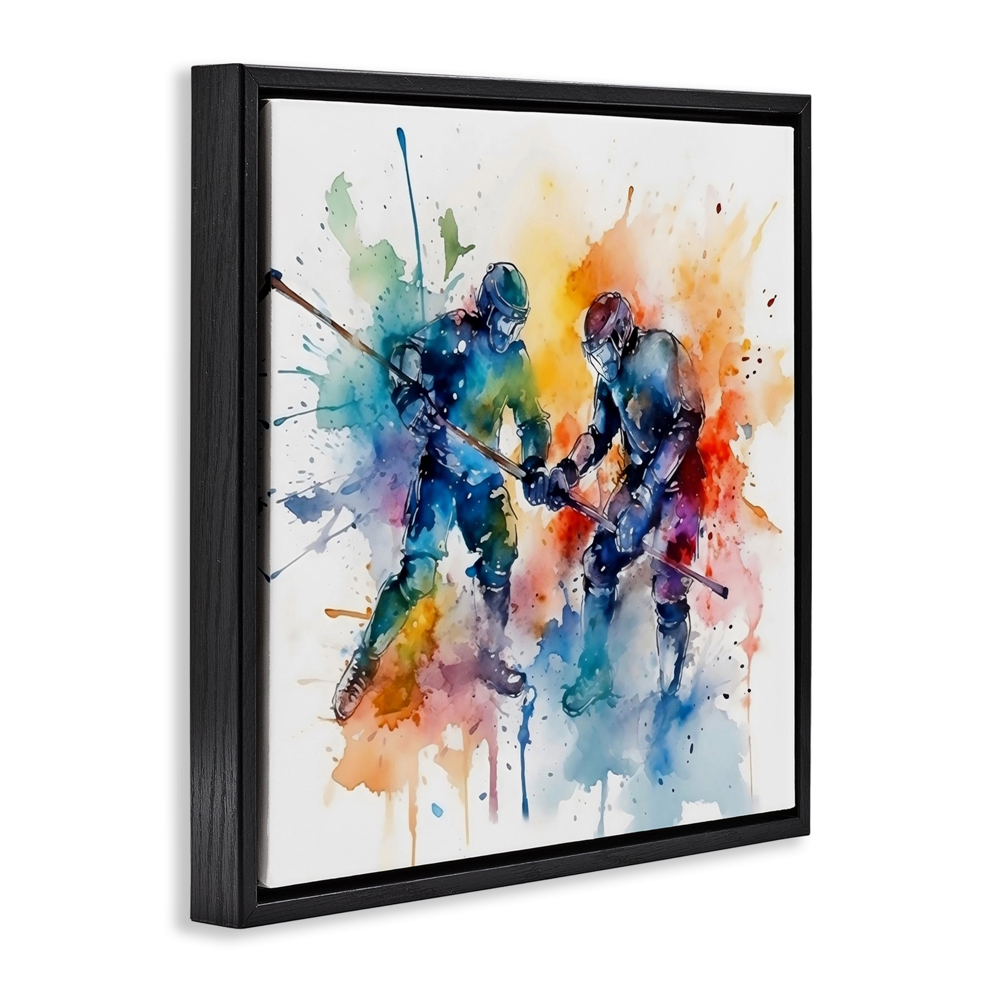 Stupell Industries Watercolor Hockey Faceoff Black Framed Floater Canvas Wall Art, design by Creative Studio