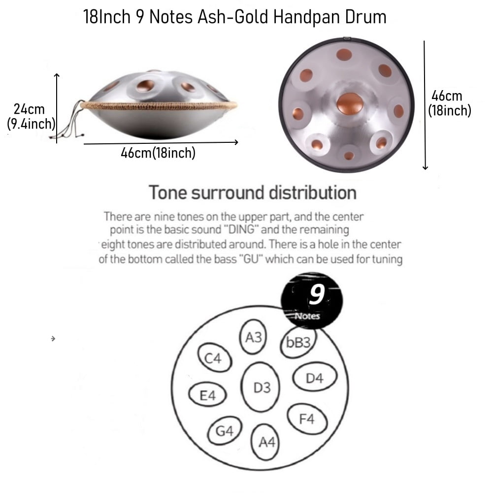 Latourreg 440HZ D Minor 18In 9 Notes Ash-Gold Hand Pan Percussion Music Drum with Soft Bag