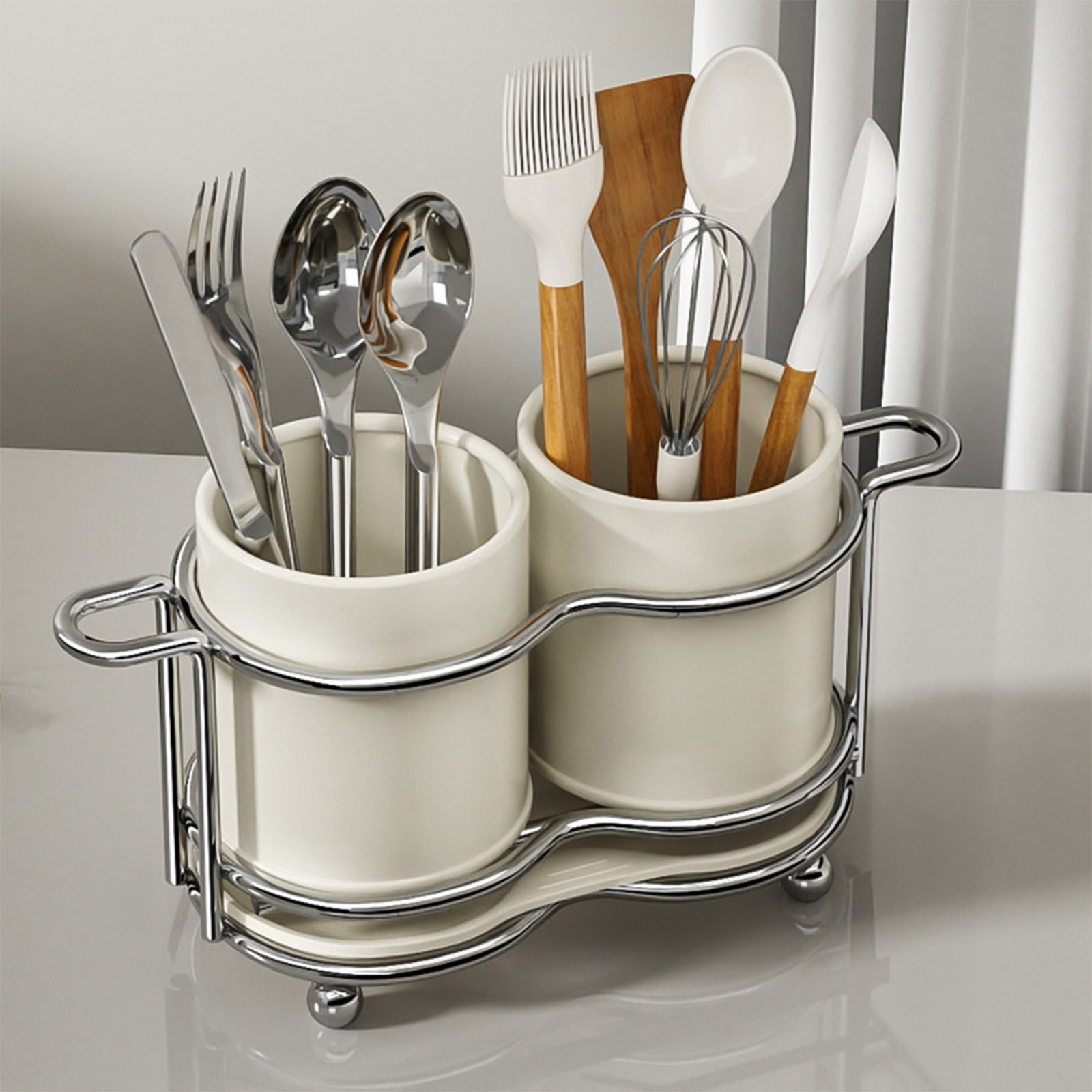 AYktou Metal Utensil Holders, Kitchen Countertop Silverware Organize Tool Stand, Tableware Storage Bucket Spoon Holders with 2 Compartments, Knife Fork Draining Rack Tool Caddy Cutlery Organizer