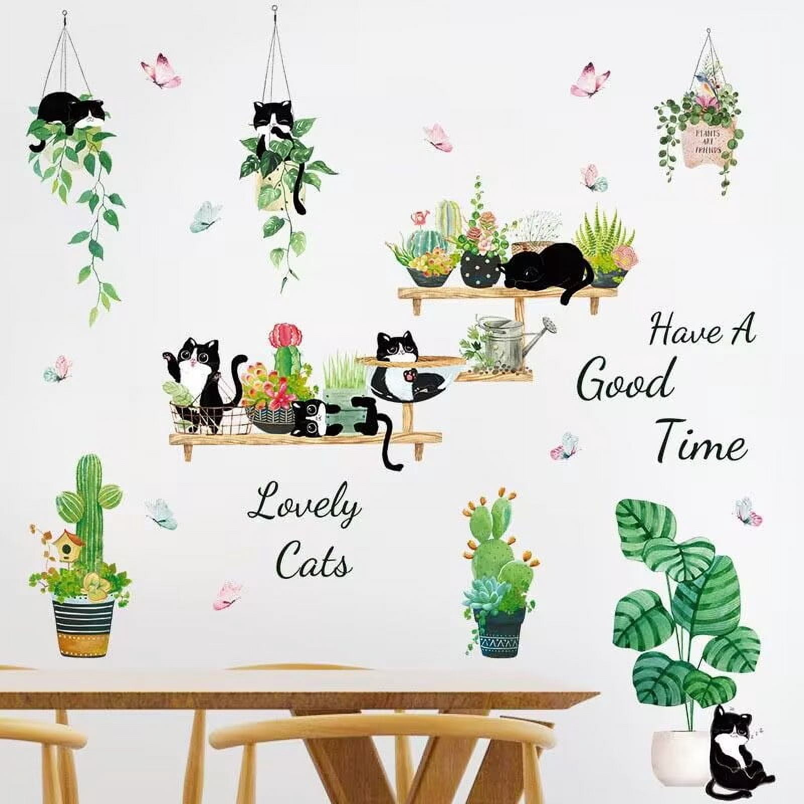 Green Potted Plant Cactus Wall Decal Cute Black Cat Stickers, Creative Tropical Bonsai Flower Cactus Wallpaper, Removable Animal Art Mural for Bedroom Kitchen Nursery Home Decoration