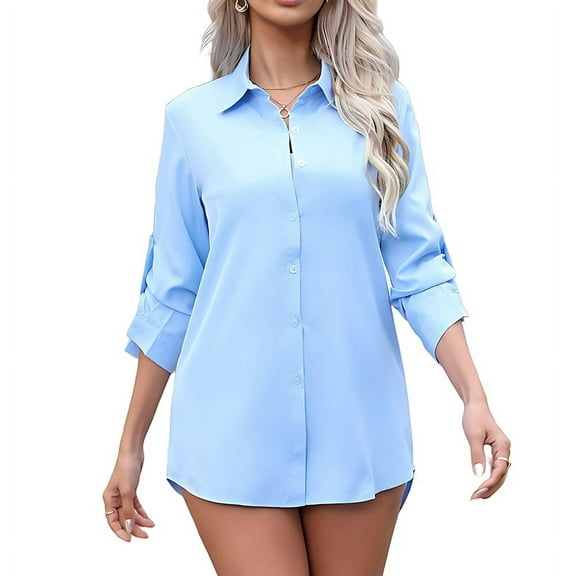 Womens Stretch Button Down Long Sleeve Shirt Soft Basic Wrinkle Free Work Business Formal Casual Blouse Blue XXL